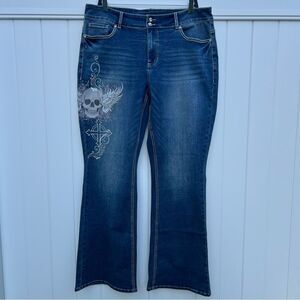 Winged Skull Cross Flare Denim Pants